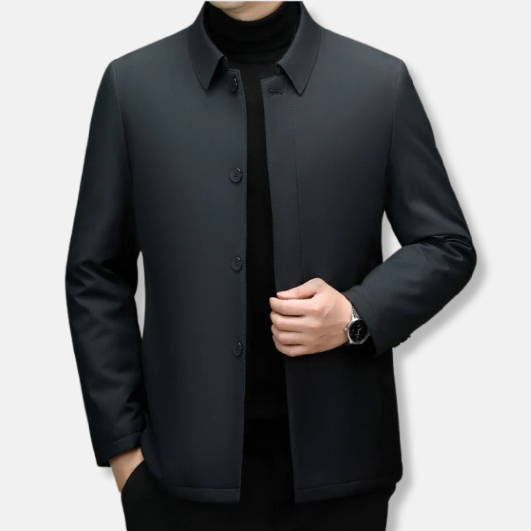 Men's navy insulated regular fit jacket with point collar and button closure for everyday warmth
