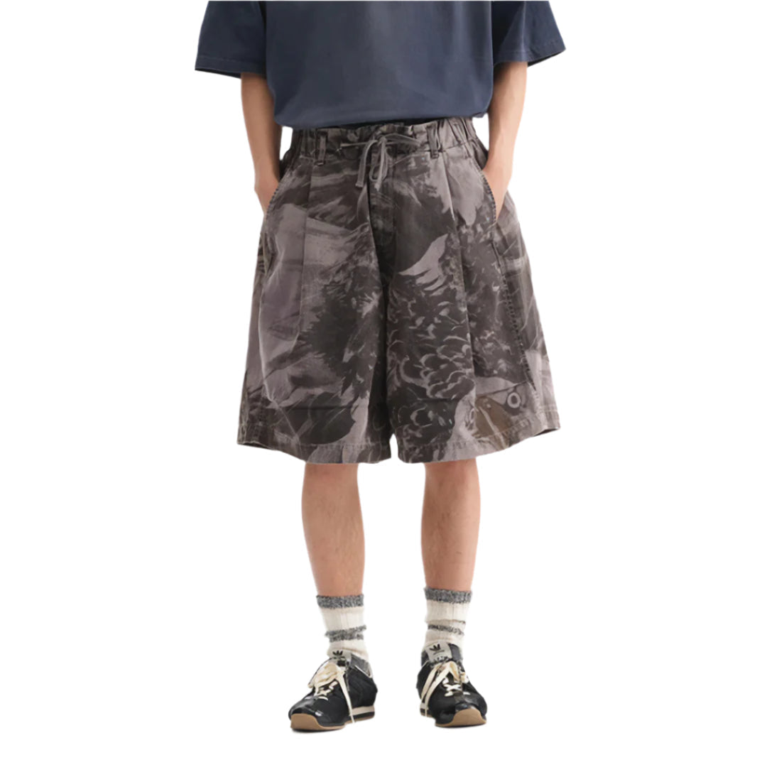 Men's wide leg vintage cotton shorts with bold painted eagle motif and elastic drawstring waistband