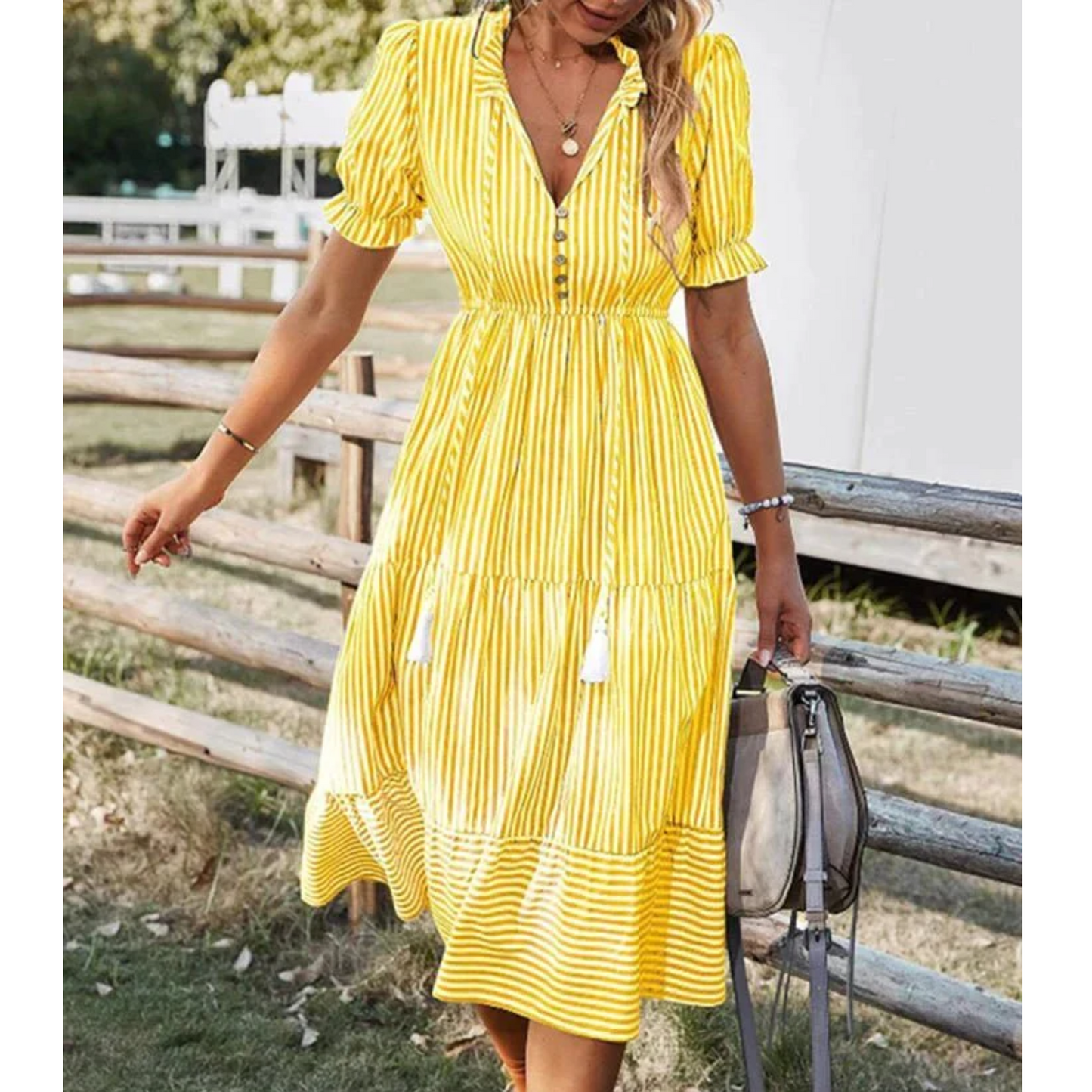 Women's striped midi dress with V-neck button closure, A-line silhouette and puff sleeves
