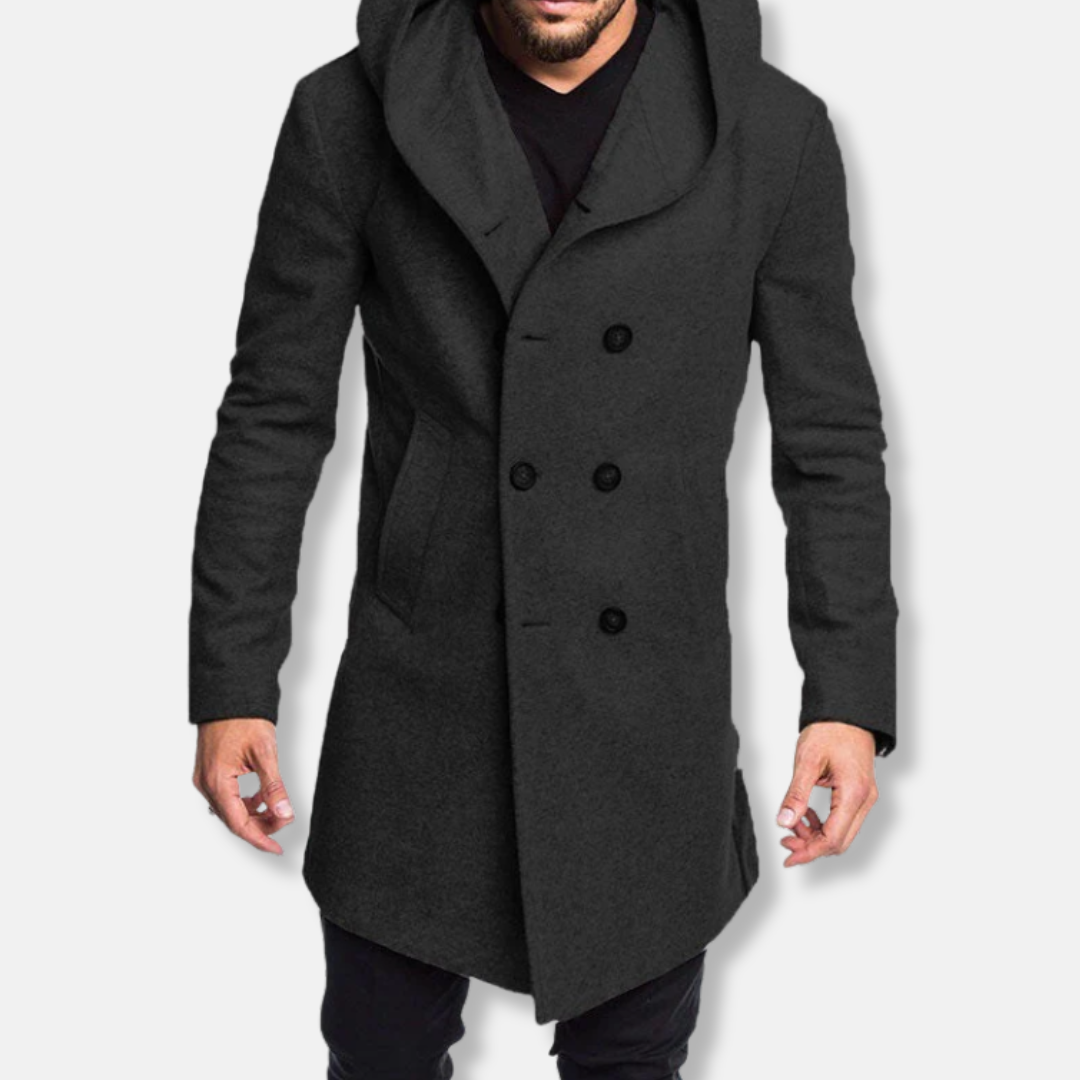 Men's wool long coat hooded double-breasted slim fit formal outerwear in classic neutral tone