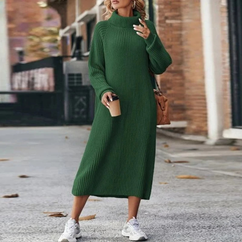 Women's midi knitted jumper dress with roll neck, versatile everyday style in classic chic silhouette