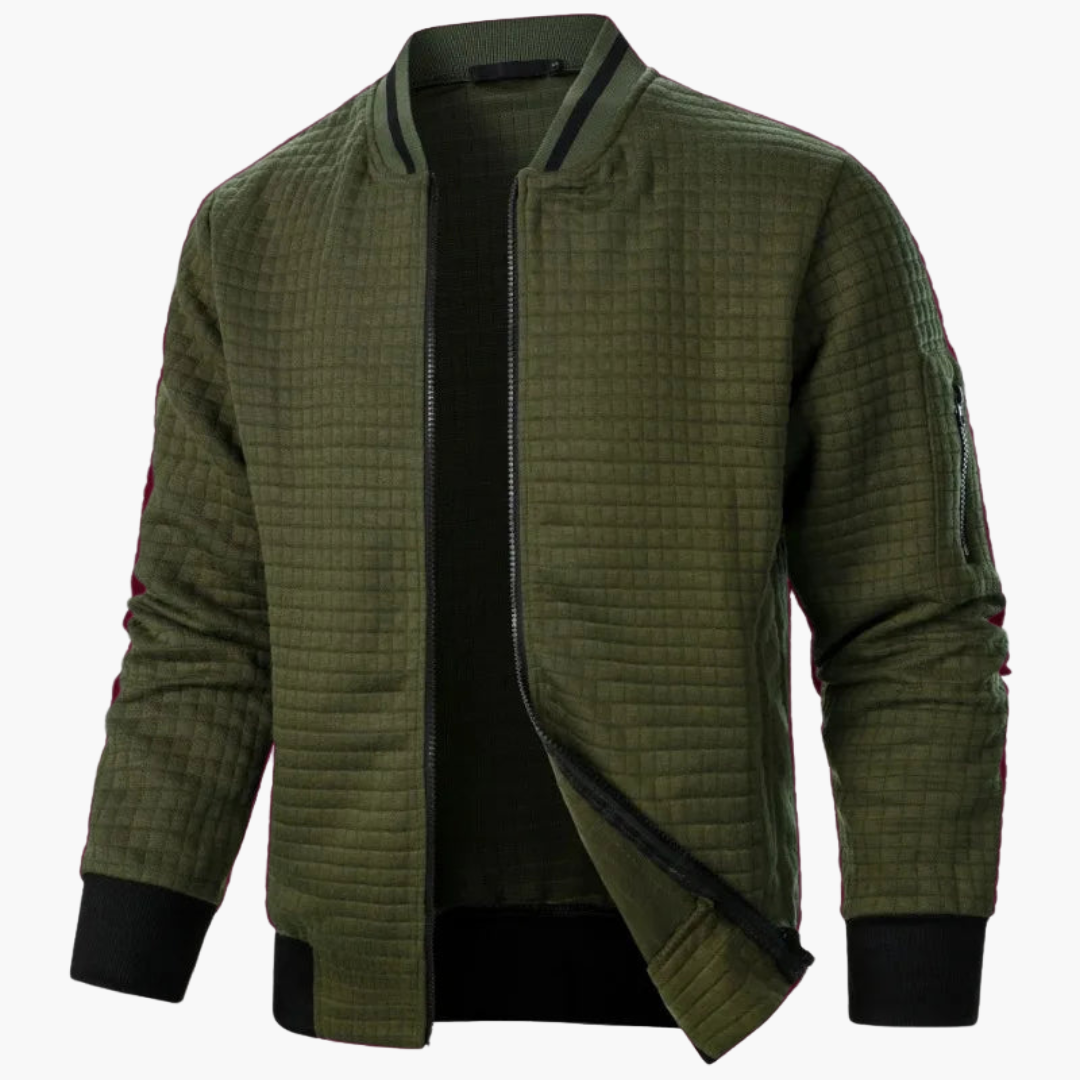 Men's slim-fit warm jacket in neutral tones, modern tailored cut with cozy insulation for outdoor wear