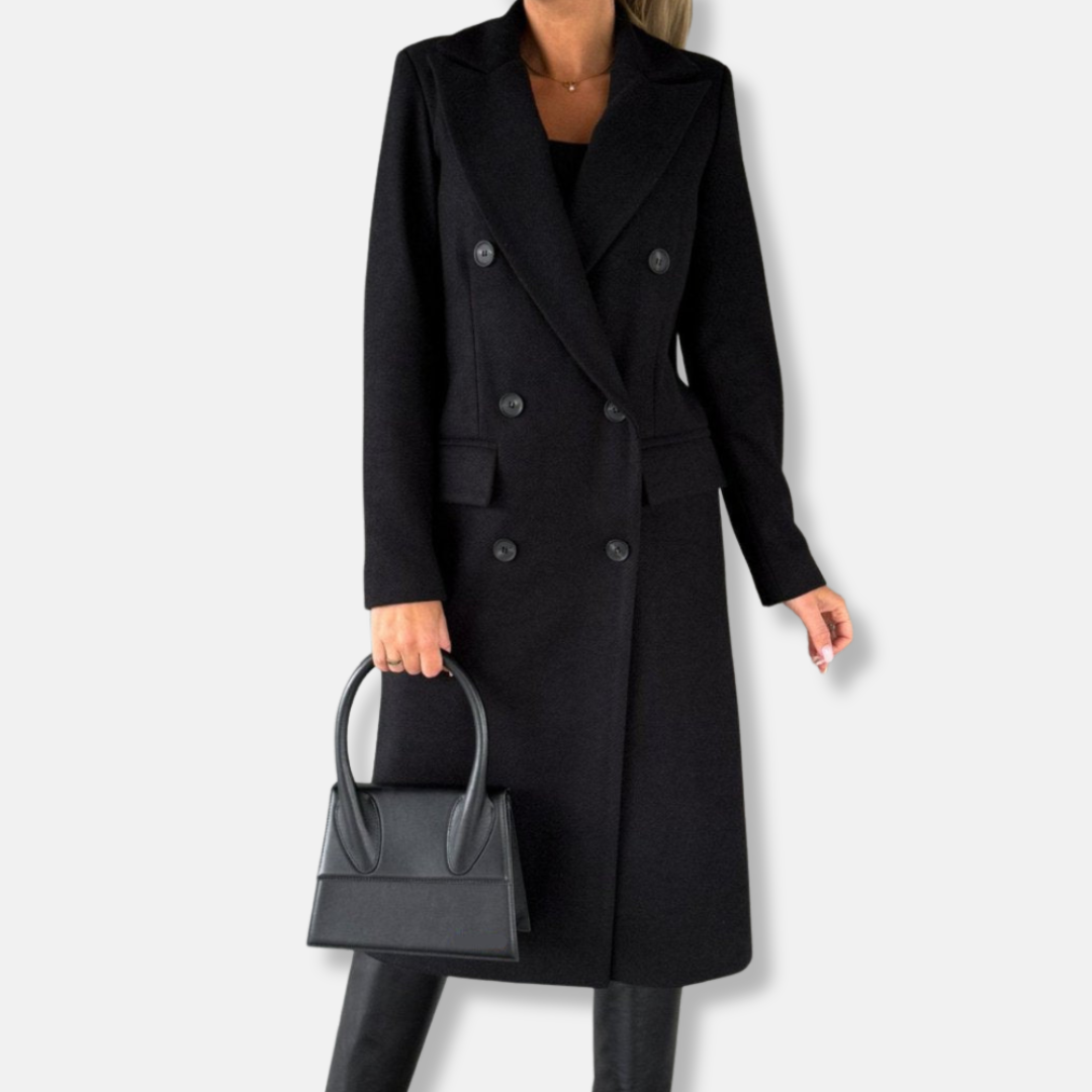 Women's longline wool coat double-breasted notch lapel tailored mid-calf silhouette urban style