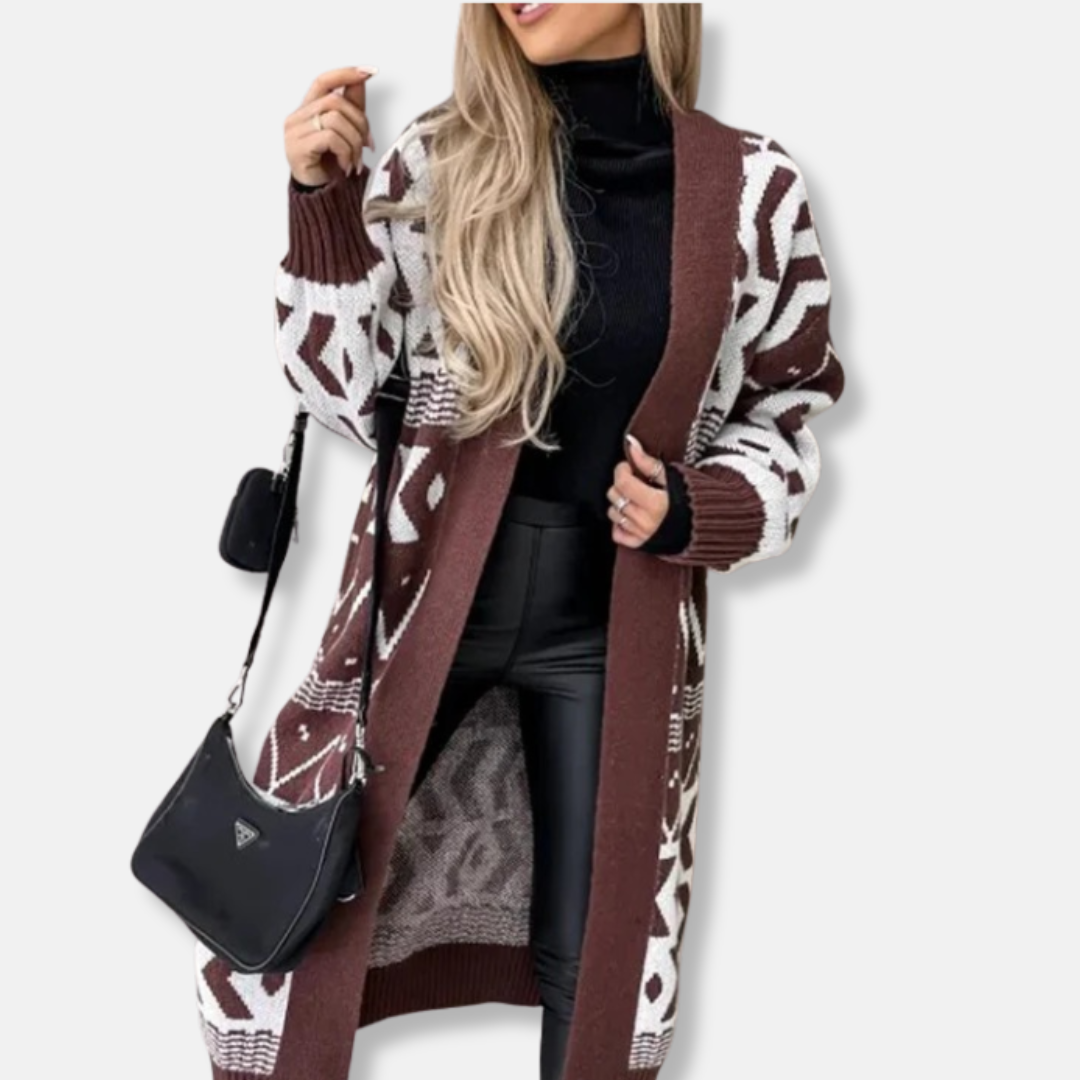 Women's long open-front cardigan geometric jacquard knit cozy layering piece for everyday wear