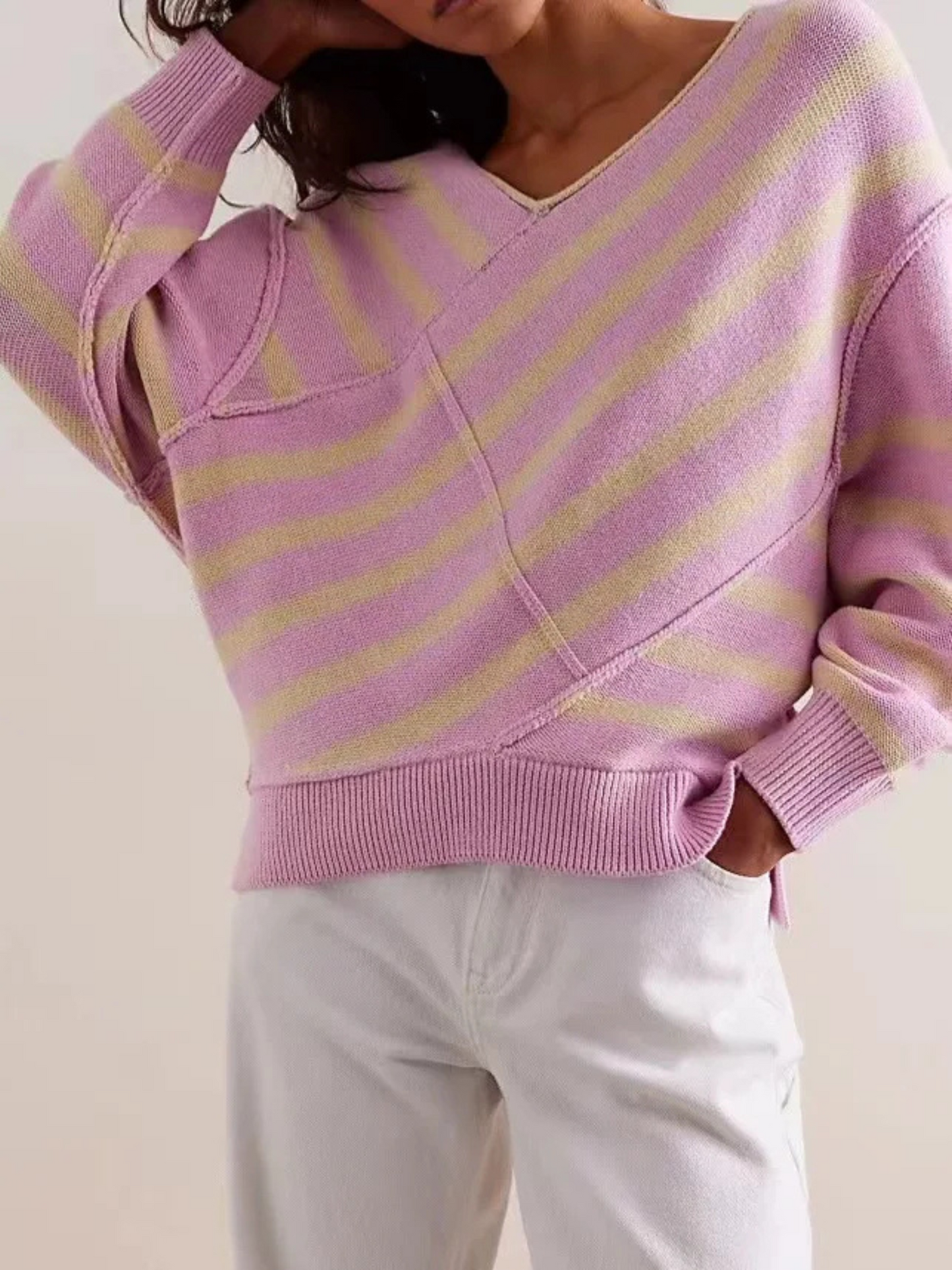 Women's off-shoulder color block striped knit top with sculptural crossover detail in soft stretch