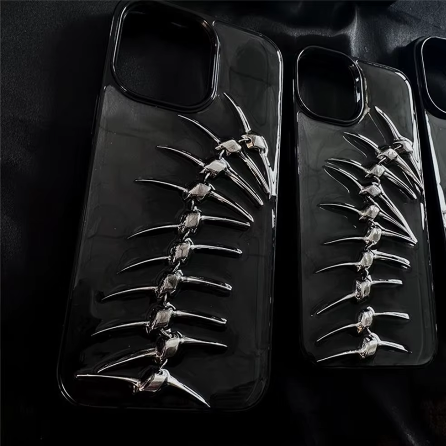 Chrome spine iPhone case with 3D fishbone design, rugged protection, and bold camera guard