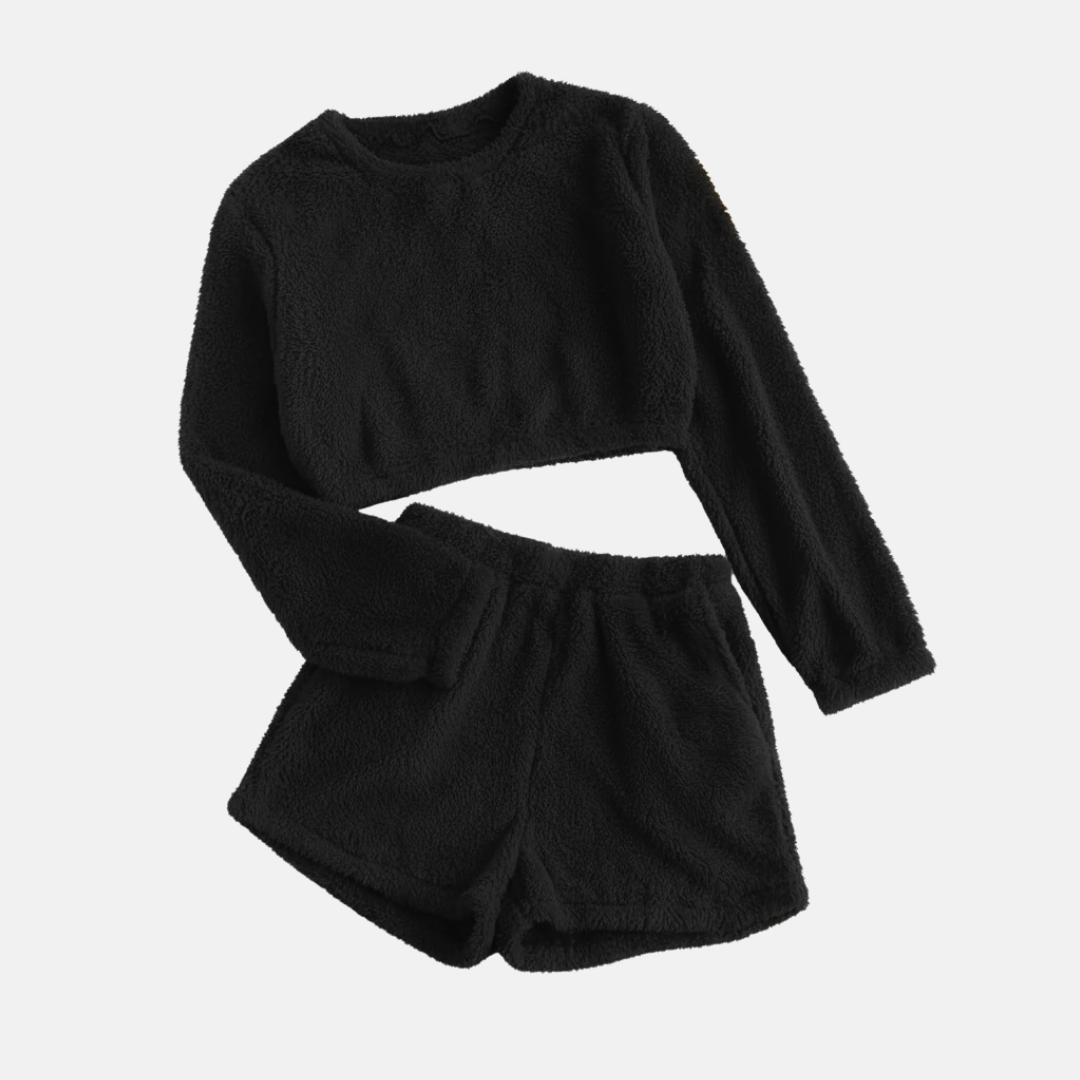 Women's textured plush two-piece loungewear set cropped long sleeve top high-waisted shorts cloud-soft