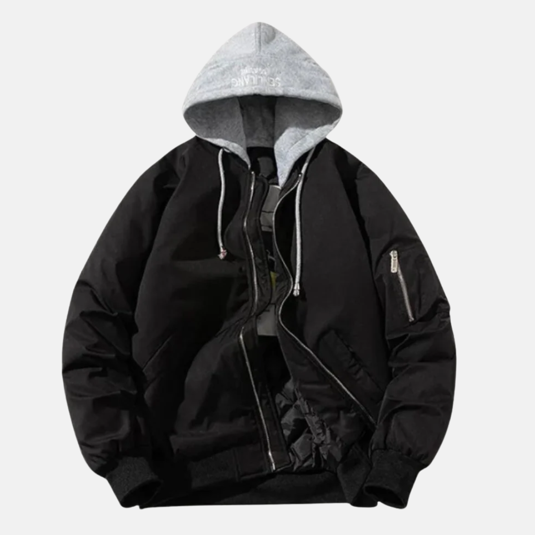 Men's navy bomber jacket relaxed fit quilted hooded lining utility sleeve pocket everyday warmth
