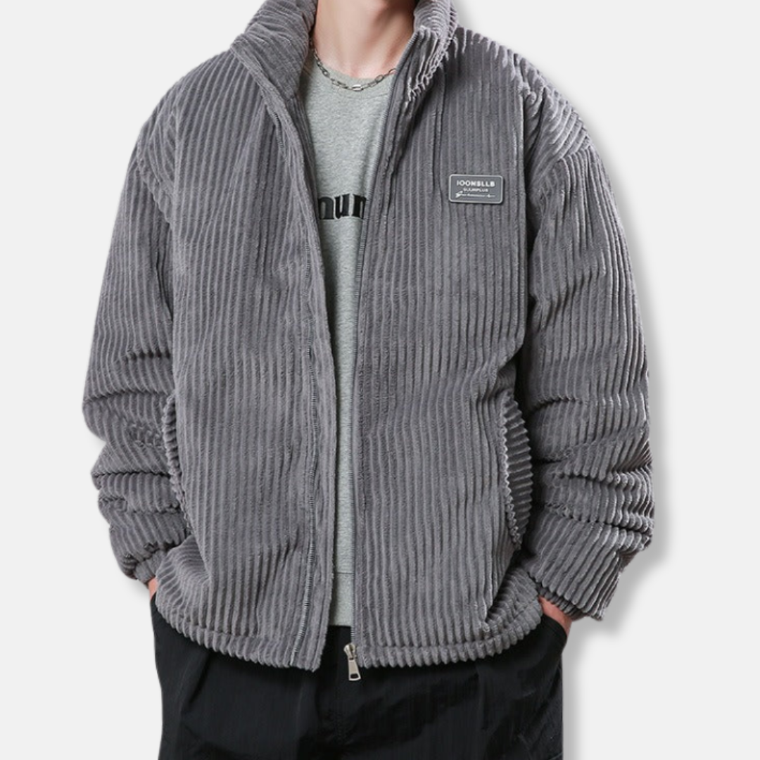 Men's black ribbed relaxed fit puffer jacket with stand collar and hip-length modern silhouette
