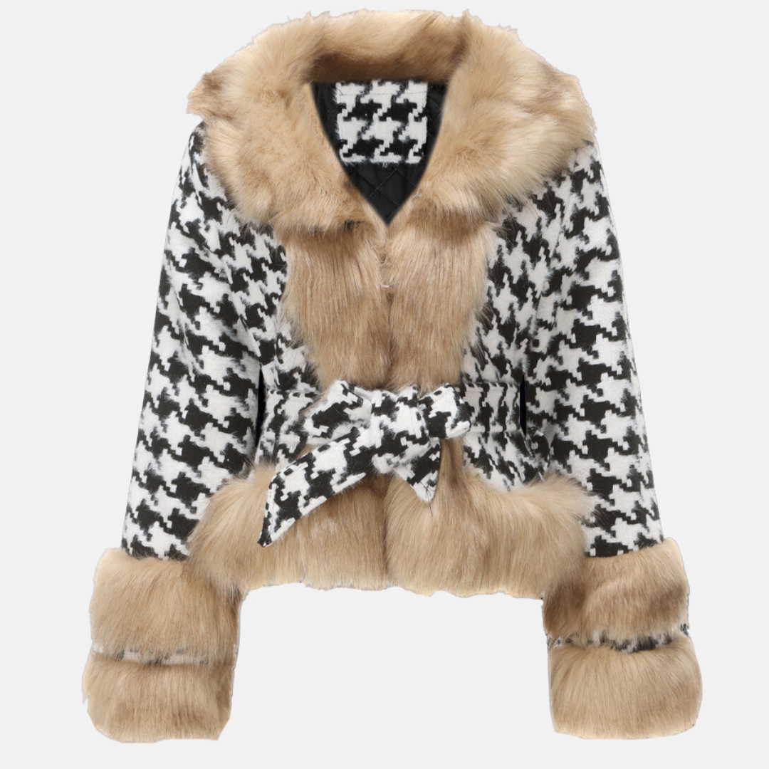Women's black-white houndstooth wool blend short coat with fur trim and belted waist
