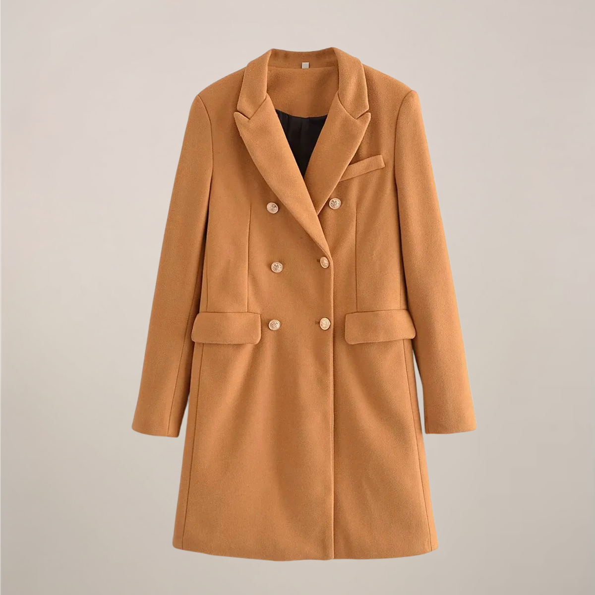 Women's camel structured peacoat double-breasted silhouette with elegant gold-tone buttons