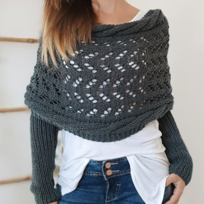 Cream openwork knitted scarf with sleeves, lightweight hypoallergenic wrap for cozy warmth