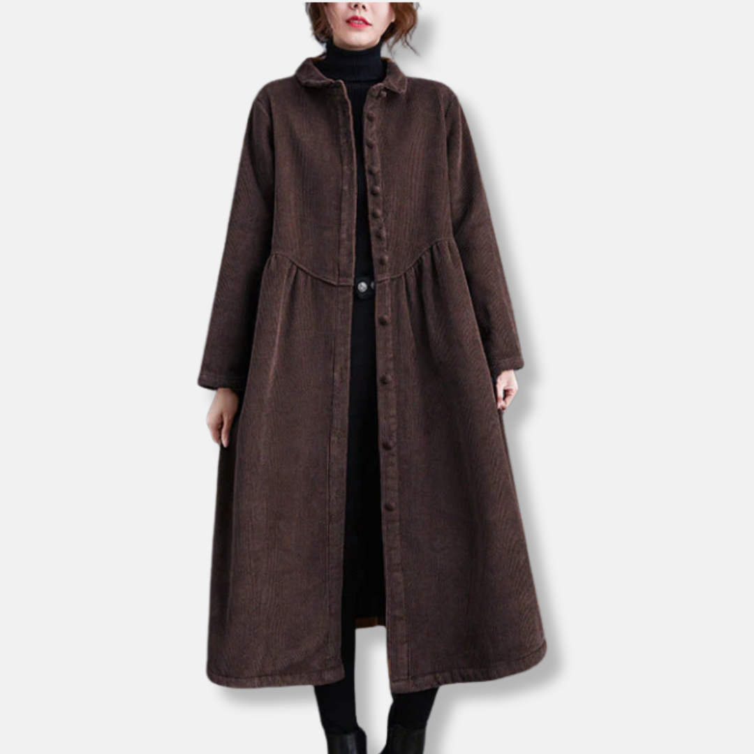 Women's brown corduroy midi coat A-line loose fit high neck button front timeless winter style