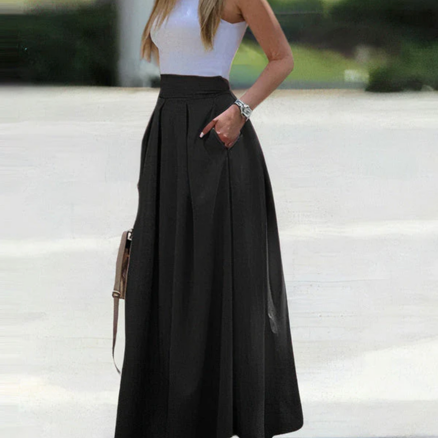 Women's elegant pleated A-line skirt high-waisted lightweight breathable fluid drape all sizes