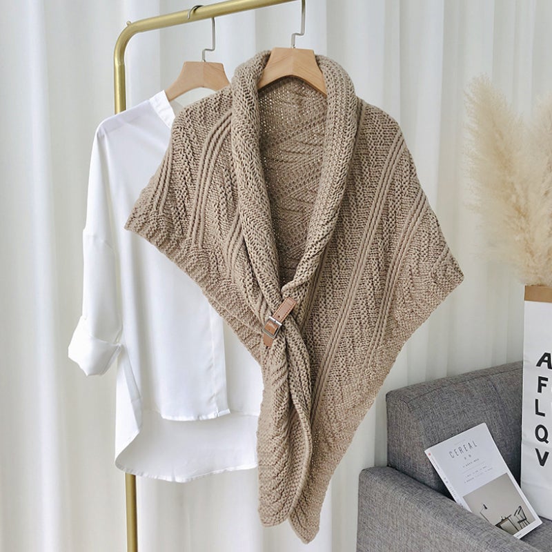 Women's triangle knitted cashmere-blend plaid shawl wrap with distinctive leather loop closure