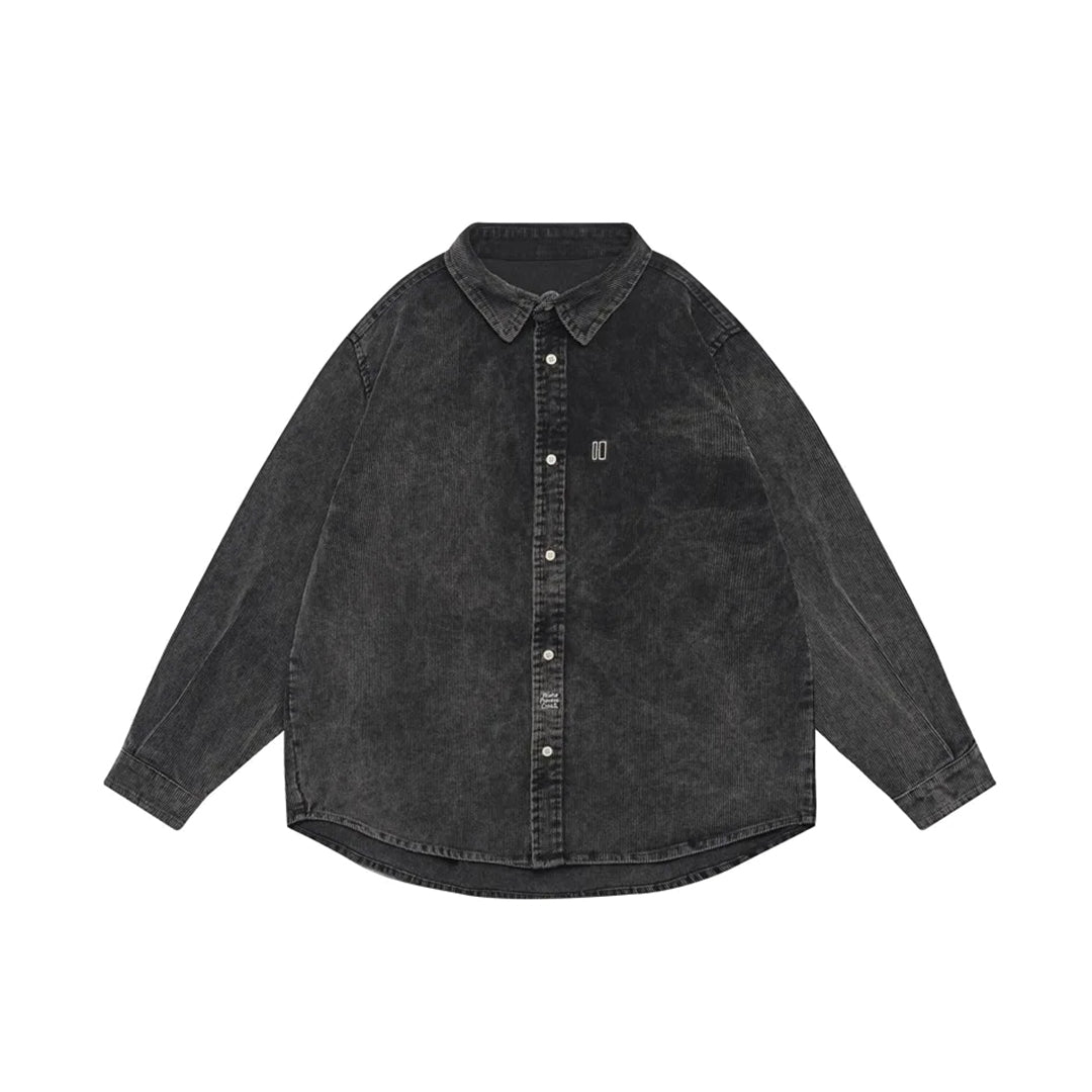 Men's brown corduroy relaxed-fit button-up shirt in mid-wale cotton with washed lived-in finish