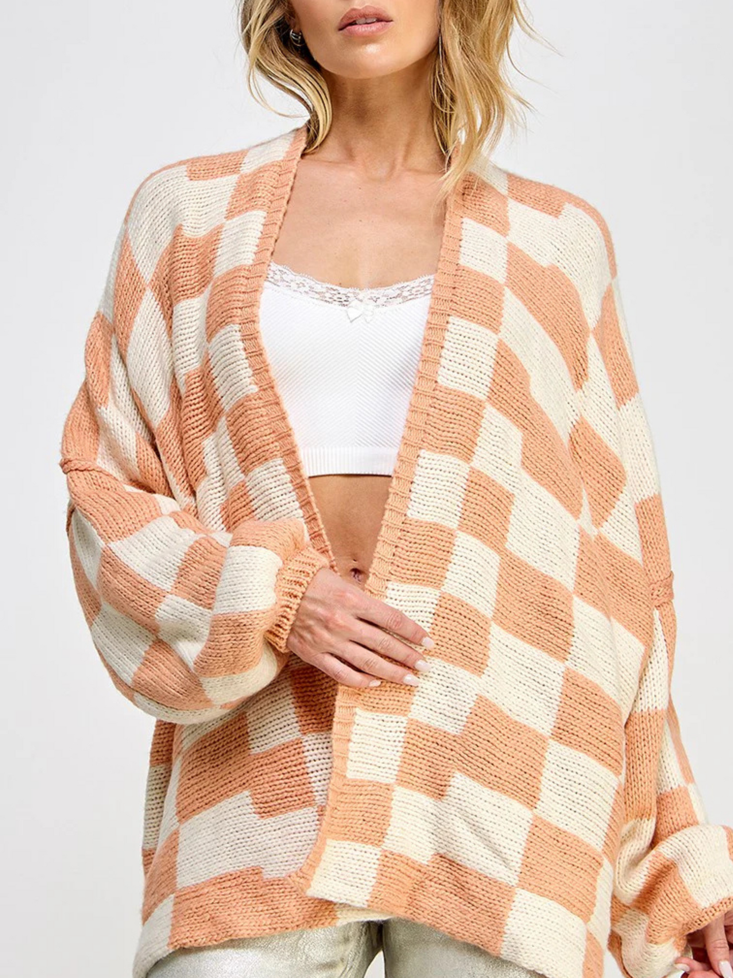 Women's oversized open-front checkered knit cardigan, lightweight breathable layer with bold checkerboard texture