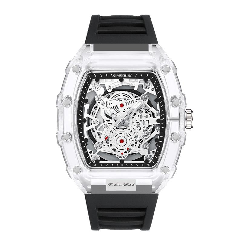 Skeleton transparent gear barrel watch black precision quartz movement shockproof waterproof bold timepiece