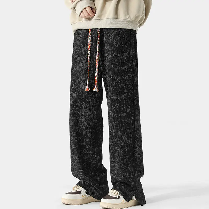 Men's grey wide-leg textured knit sweatpants relaxed fit with multicolor braided drawstring