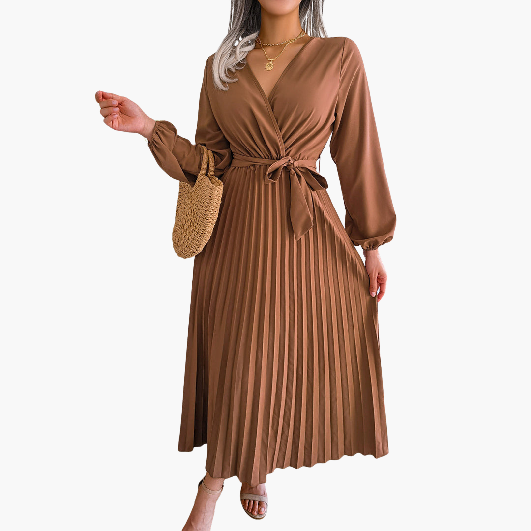 Women's elegant pleated maxi dress long sleeves flowing formal evening gown airy silhouette