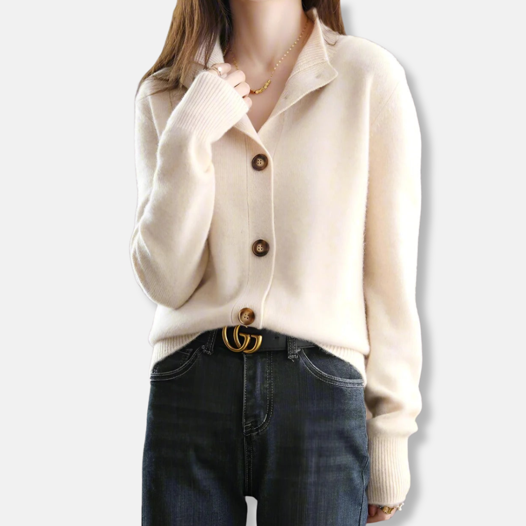 Women's relaxed-fit knit cardigan with mock collar and front button closure, versatile fall style