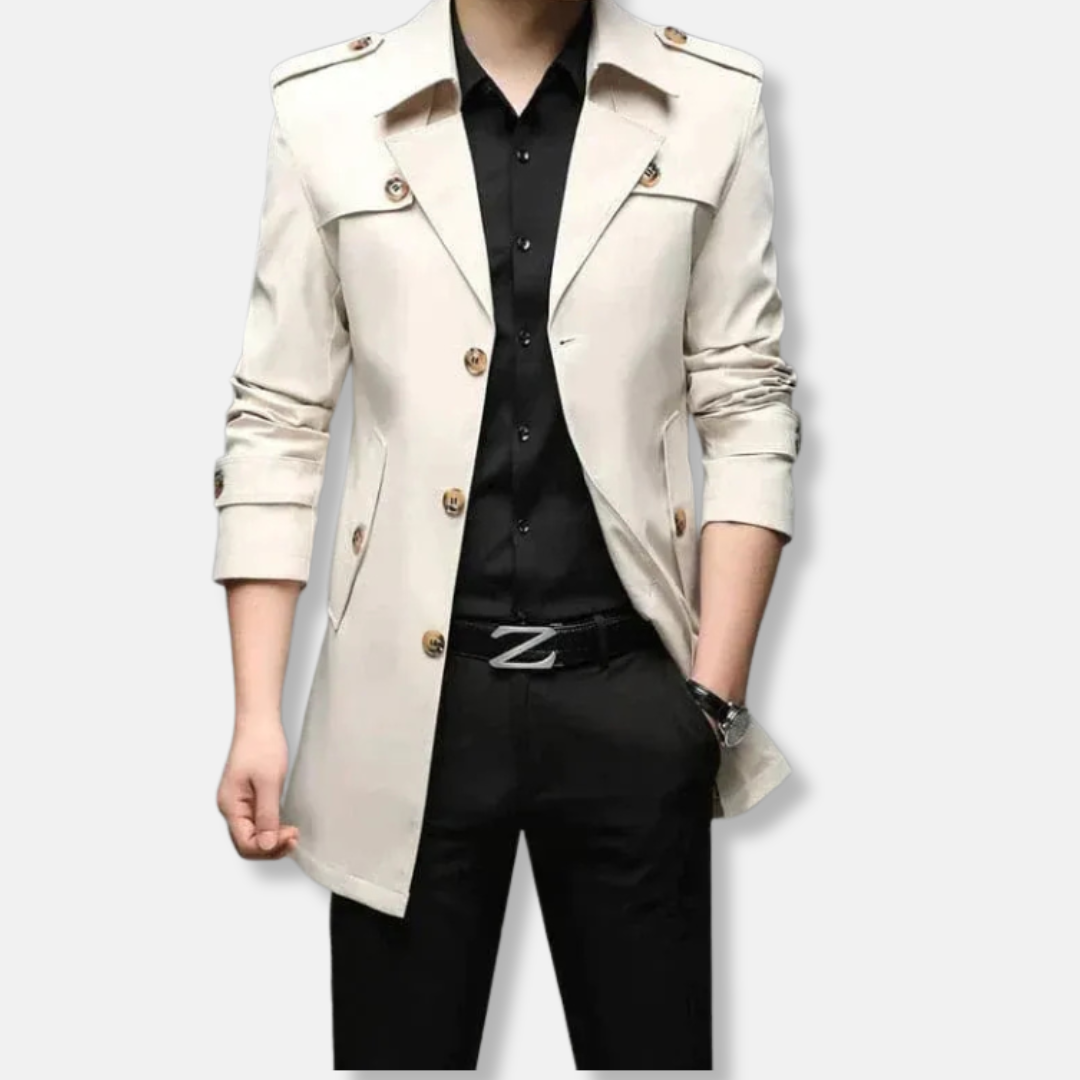 Men's slim fit thigh-length trench coat with button front, epaulets, and storm flaps