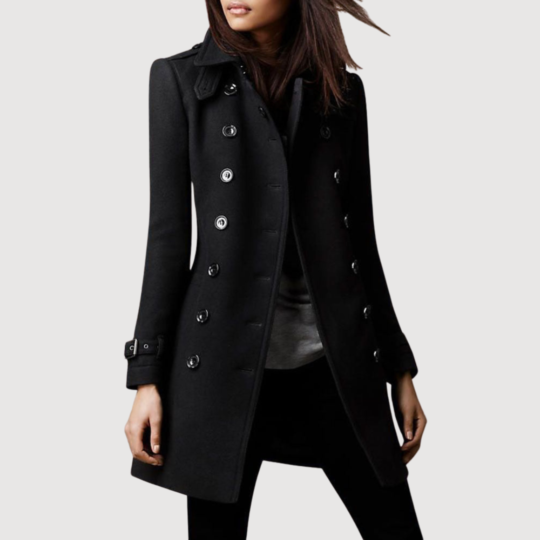 Beige double-breasted trench coat tailored silhouette smooth structured long outerwear urban professional