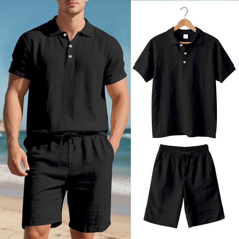 Men's linen polo two-piece set beige relaxed fit with adjustable drawstring waist