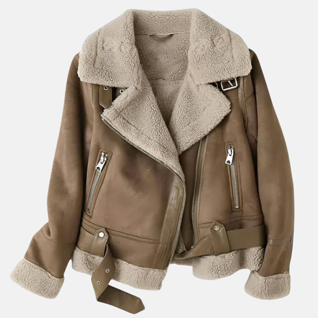 Women's brown faux leather relaxed fit aviator jacket with fur trim and belted waist