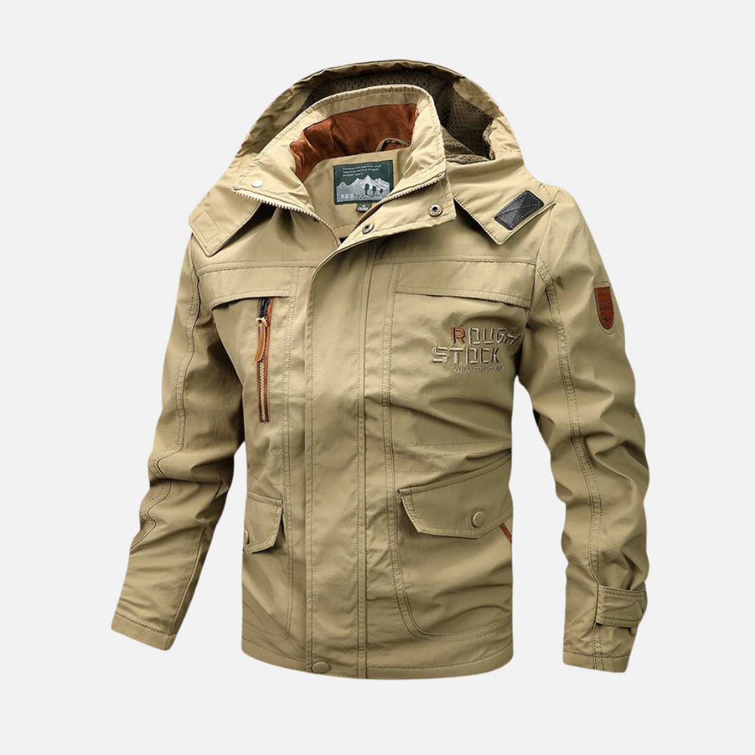 Men's loose-fit windproof hooded jacket in neutral tone, water-resistant shell with full-zip closure
