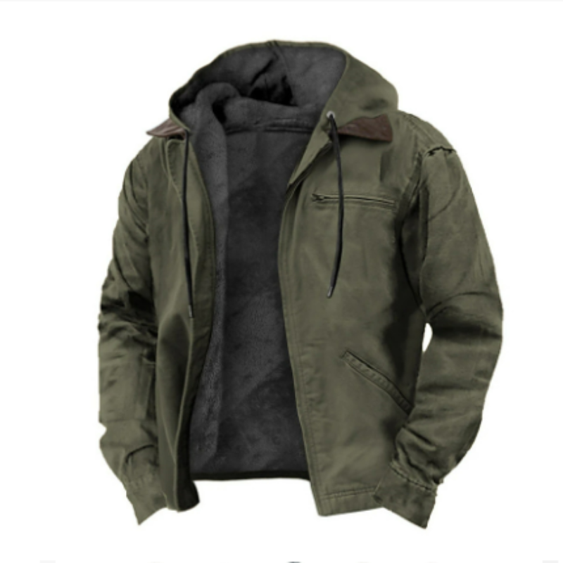 Men's hooded casual zip-up jacket in neutral tone with drawstring hood and front pockets