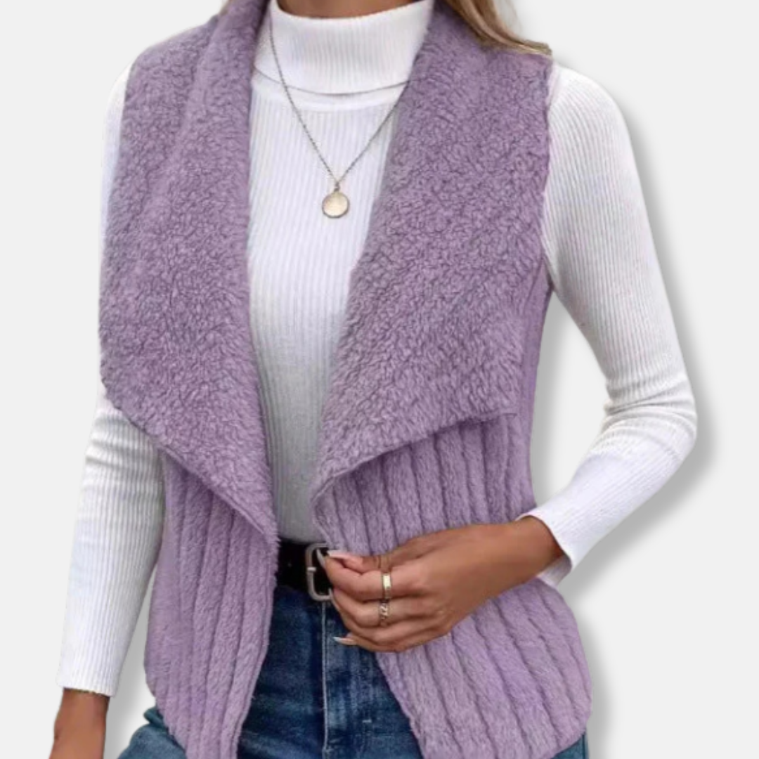 Women's sleeveless knit vest with plush shawl collar, hip-length relaxed open-front silhouette