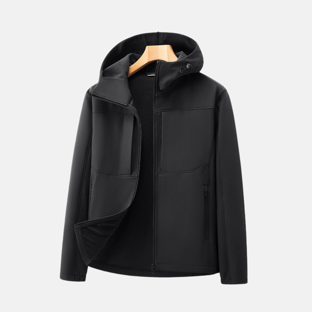 Men's dark softshell jacket fleece-lined regular fit adjustable hood zip pockets outdoor style