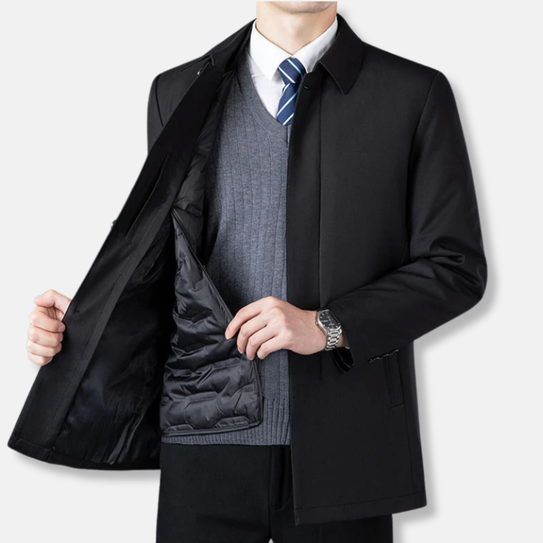 Men's charcoal wool-blend tailored mid-length blazer with structured shoulders for modern professionals