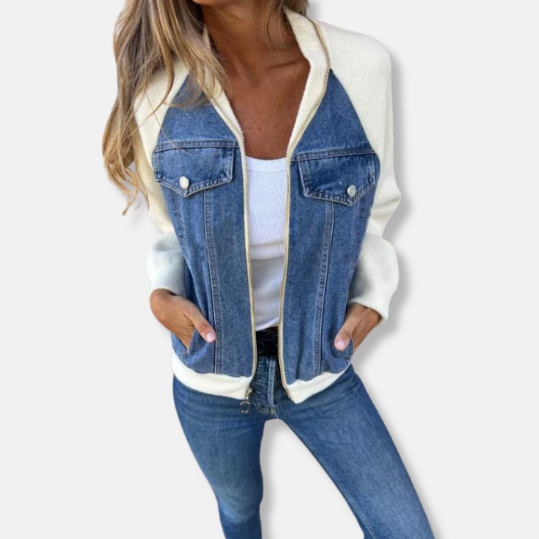 Women's relaxed-fit wool-look bomber jacket with denim details and zipper closure, urban chic style