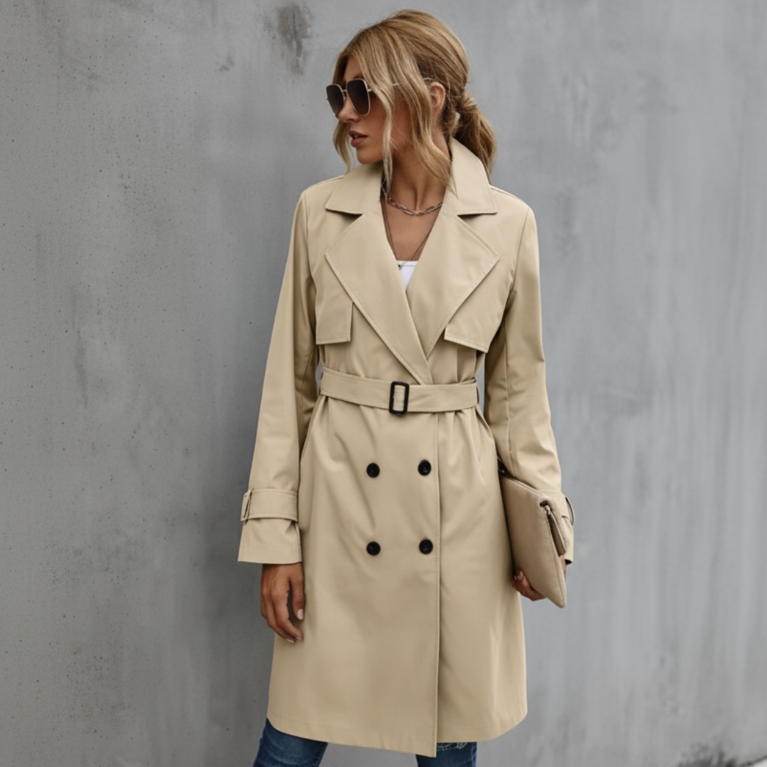 Women's beige double-breasted belted knee-length trench coat with classic sophisticated closure