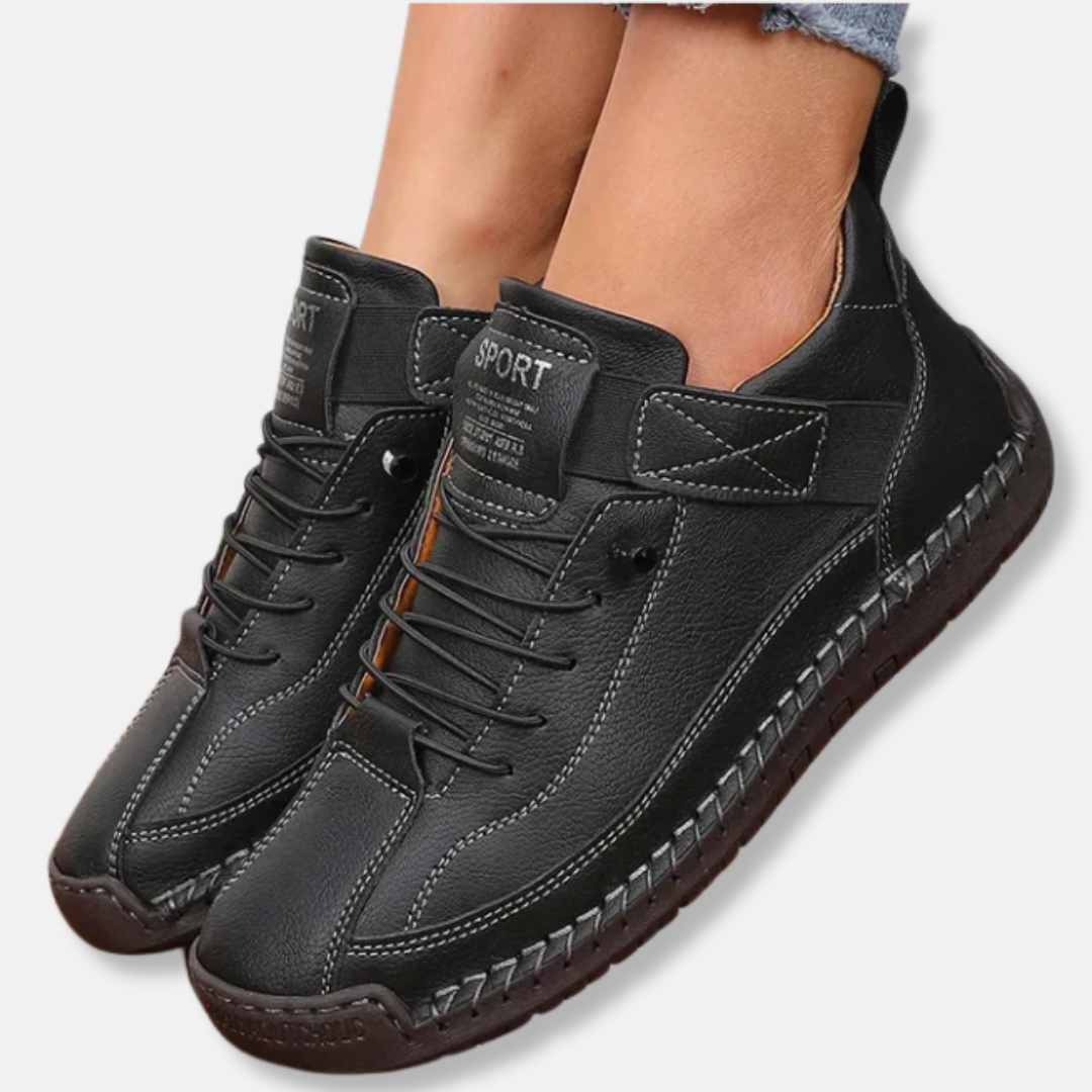 Women's black mid-calf lace-up faux leather boots with anti-slip sole for casual everyday wear