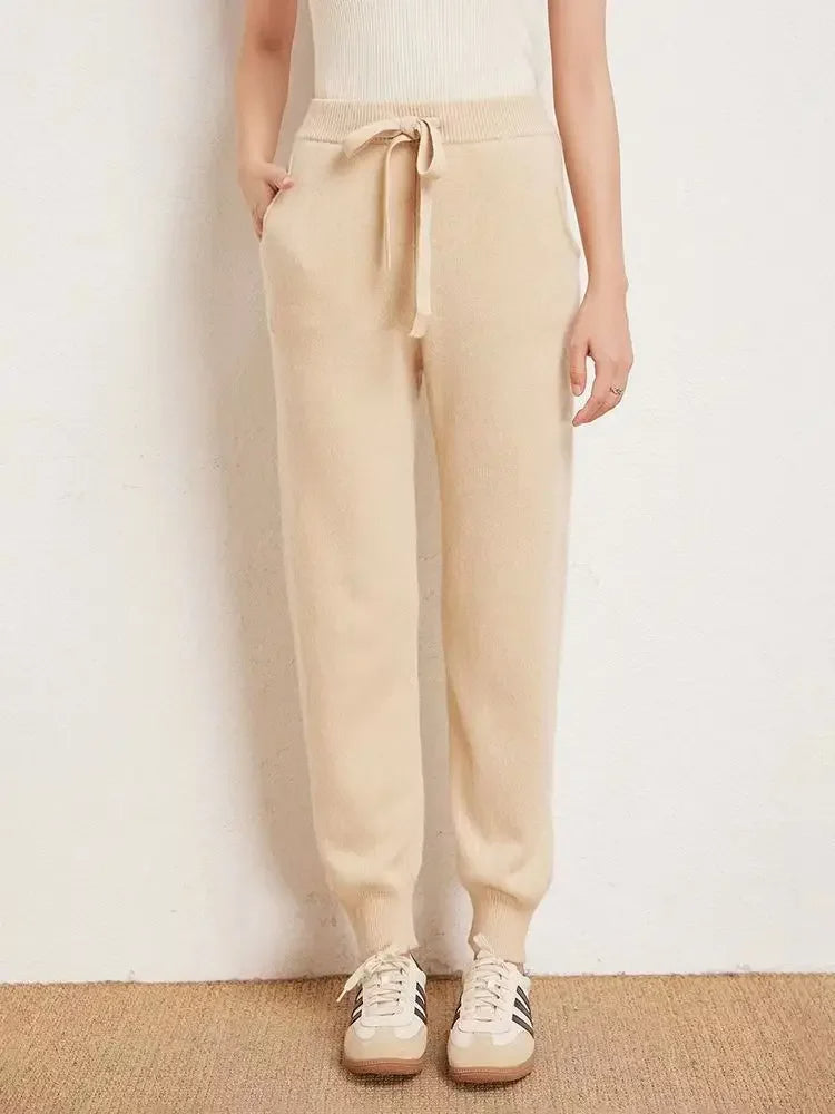 Heather gray cashmere knit jogger with adjustable drawstring waistband lightweight wool blend lounge fit