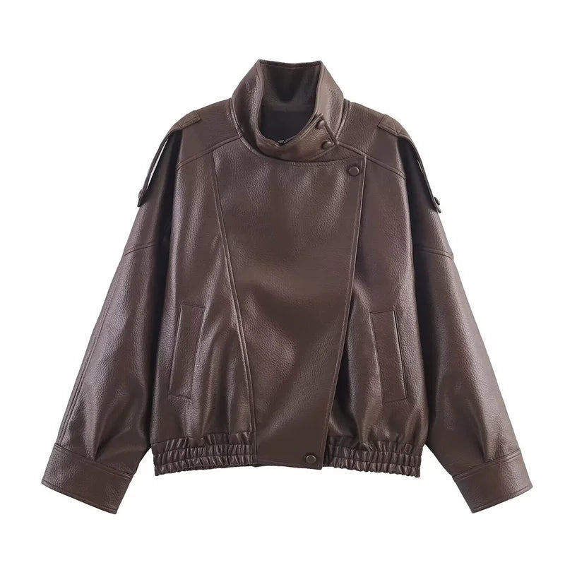 Women's black high-gloss vegan leather moto jacket with sculpted funnel neck and architectural silhouette
