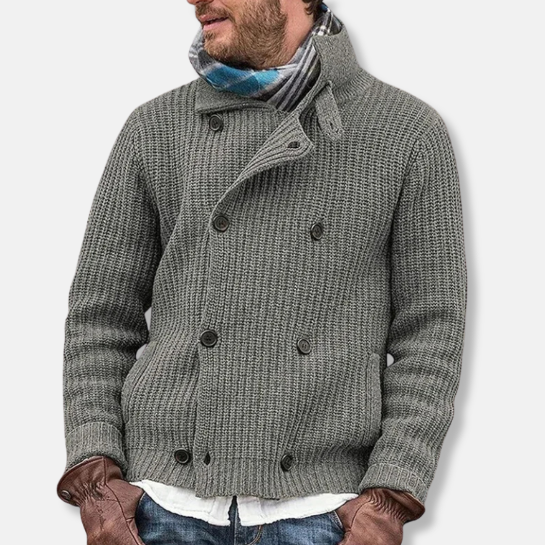 Men's wool blend double-breasted knit jacket with high collar, modern structured fit