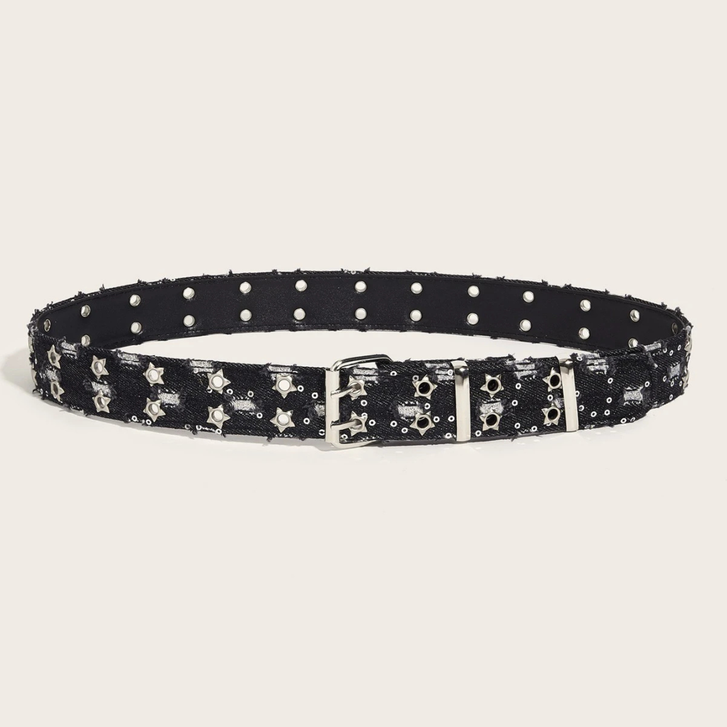 Distressed denim belt wide-cut punk style with star-shaped hardware and micro studs