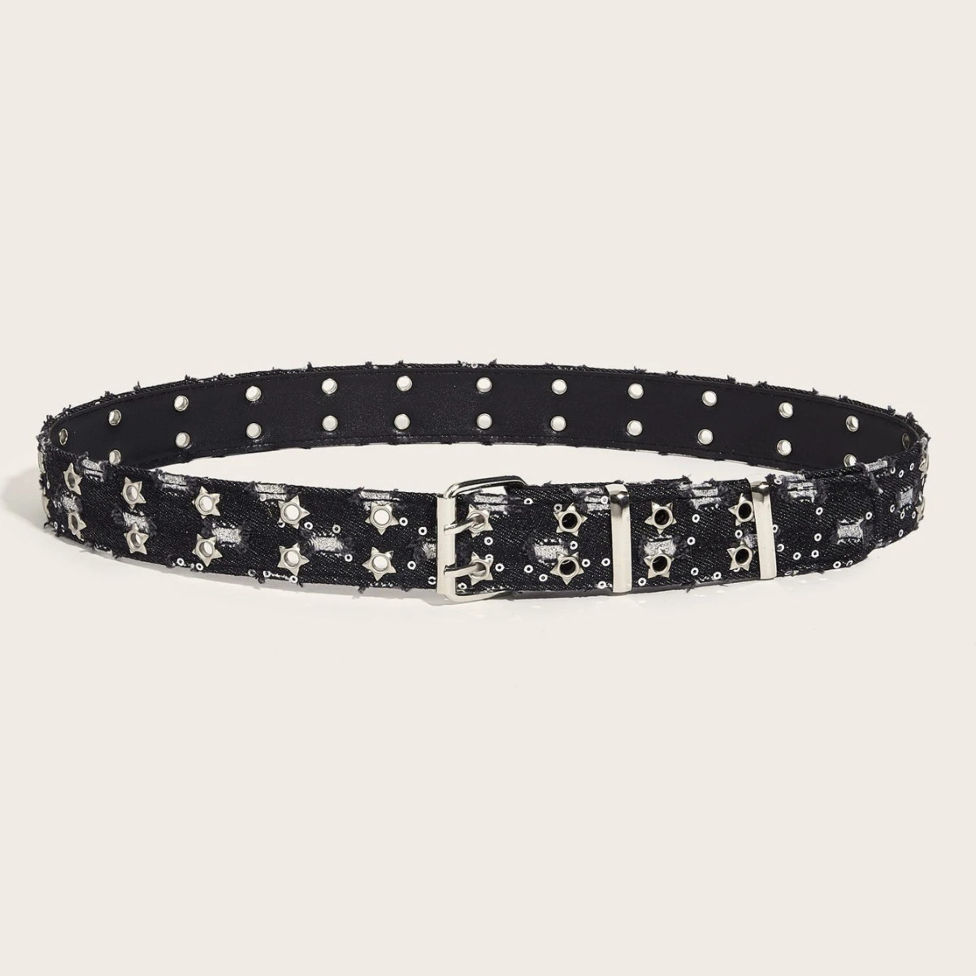 Distressed denim belt wide-cut punk style with star-shaped hardware and micro studs