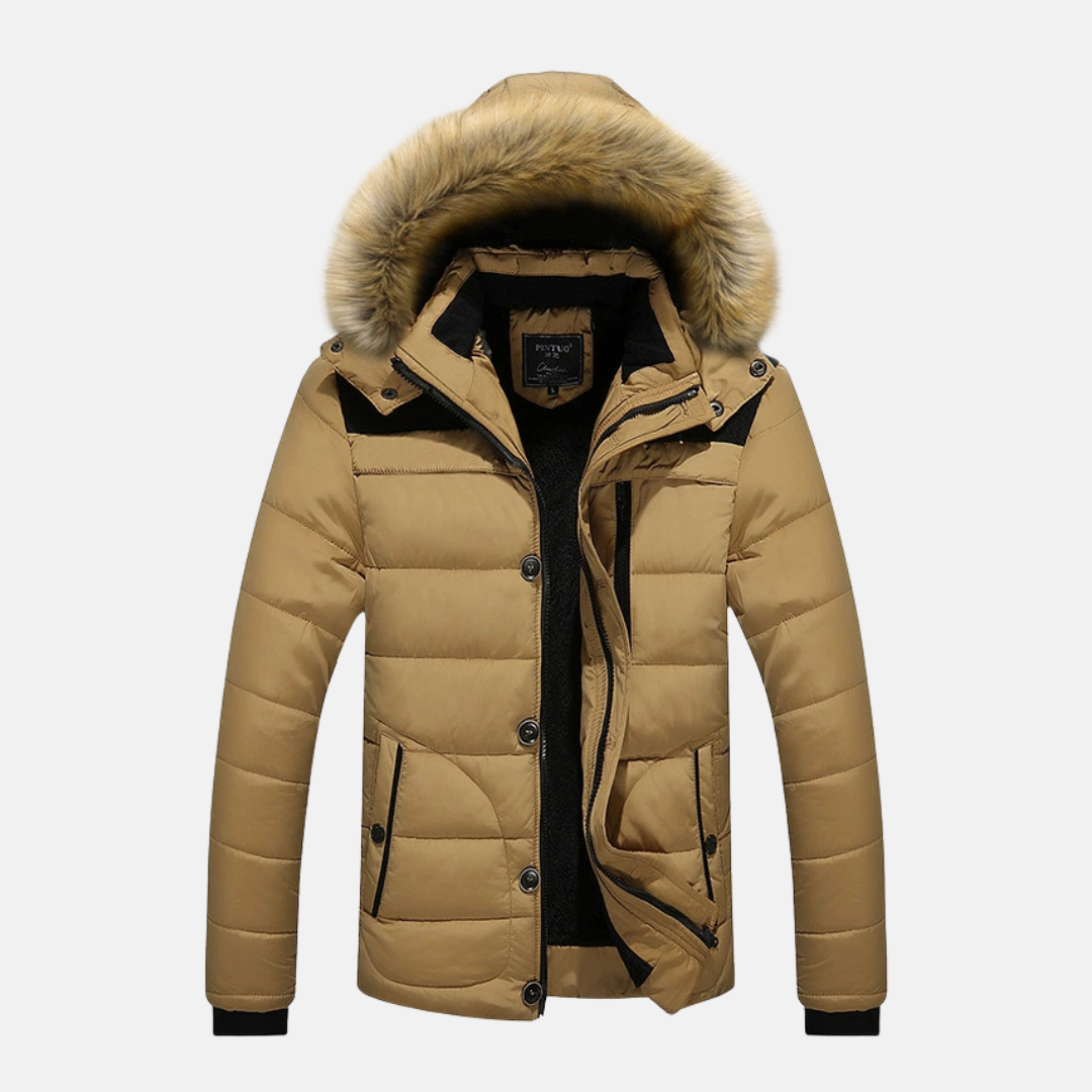 Men's slim fit hip-length puffer jacket with detachable faux fur hood, minimalist winter style