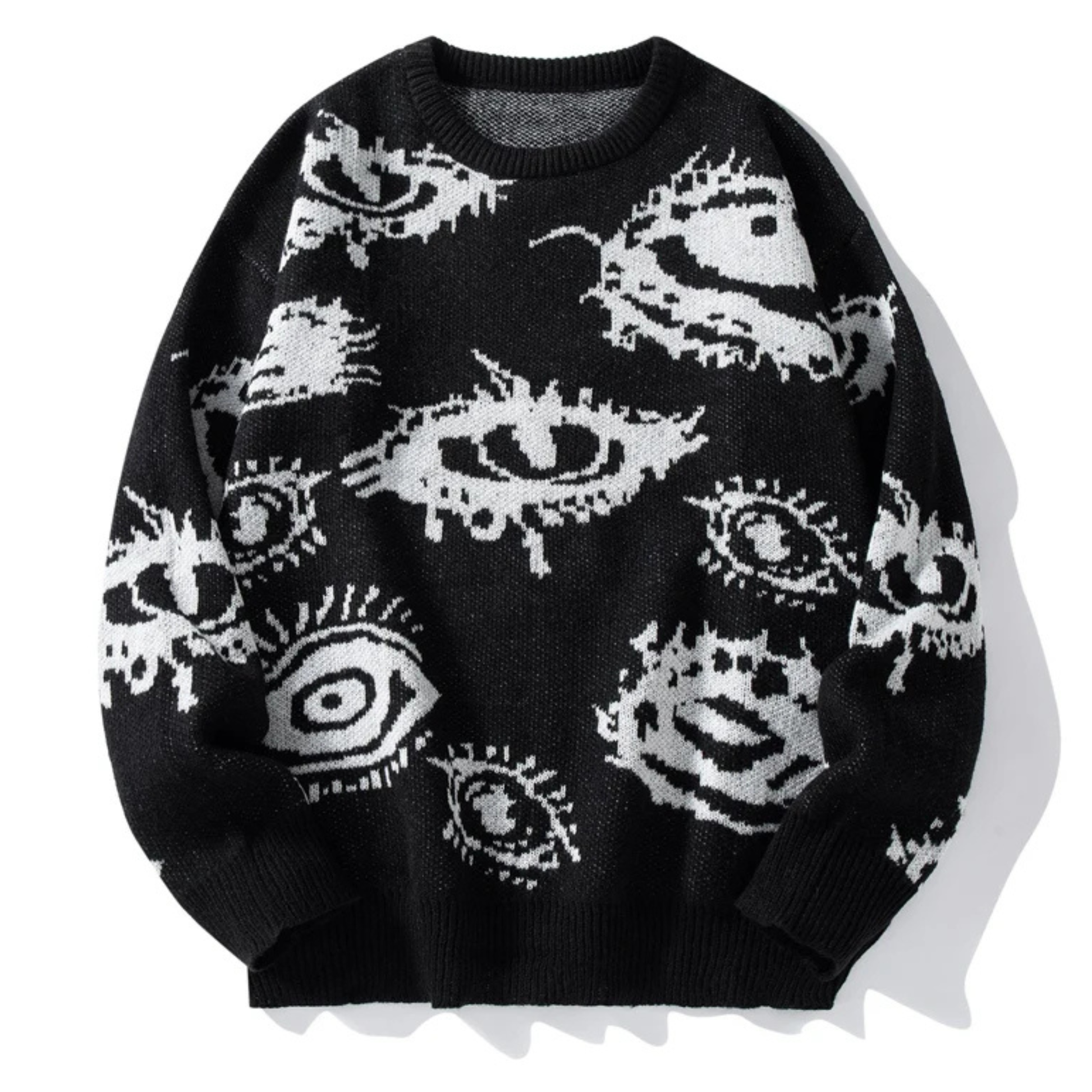 Oversized acrylic knit sweater with all-over distorted eye jacquard motif in brutalist streetwear style