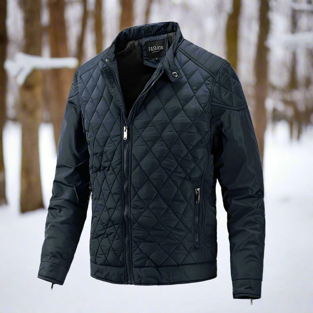Men's slim fit quilted jacket high collar secure zipper pockets lightweight outdoor winter layer