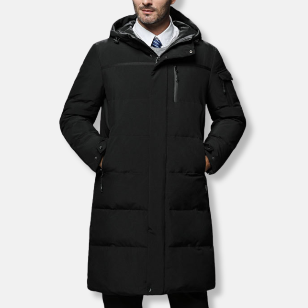 Men's full-length black puffer coat with adjustable hood and cuffs, premium synthetic insulation