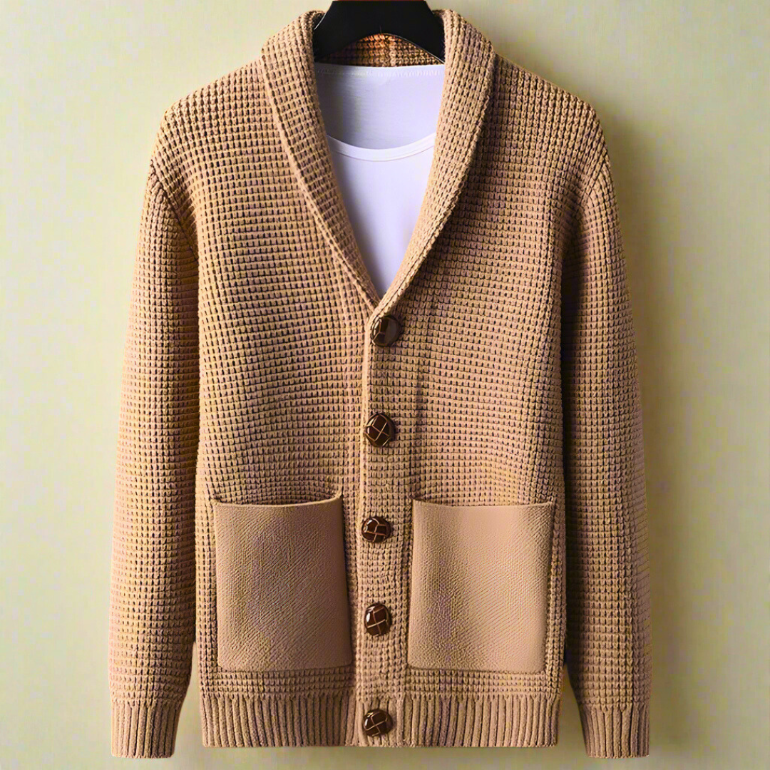 Men's vintage brown button-front cardigan regular fit soft cotton-acrylic retro knit pattern