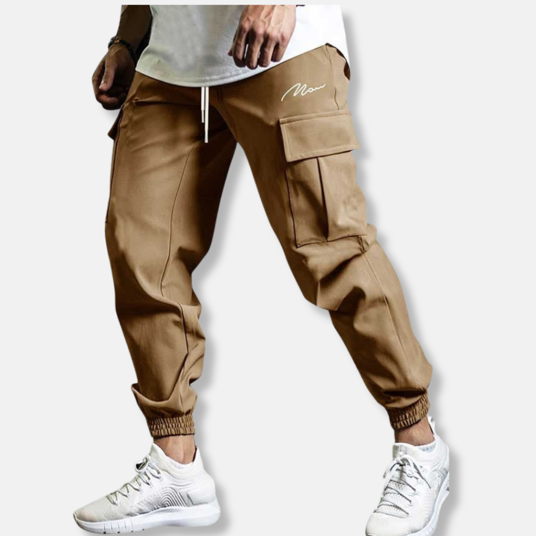 Men's relaxed fit cargo jogger pants with elastic waist, side pockets, and ankle-length silhouette