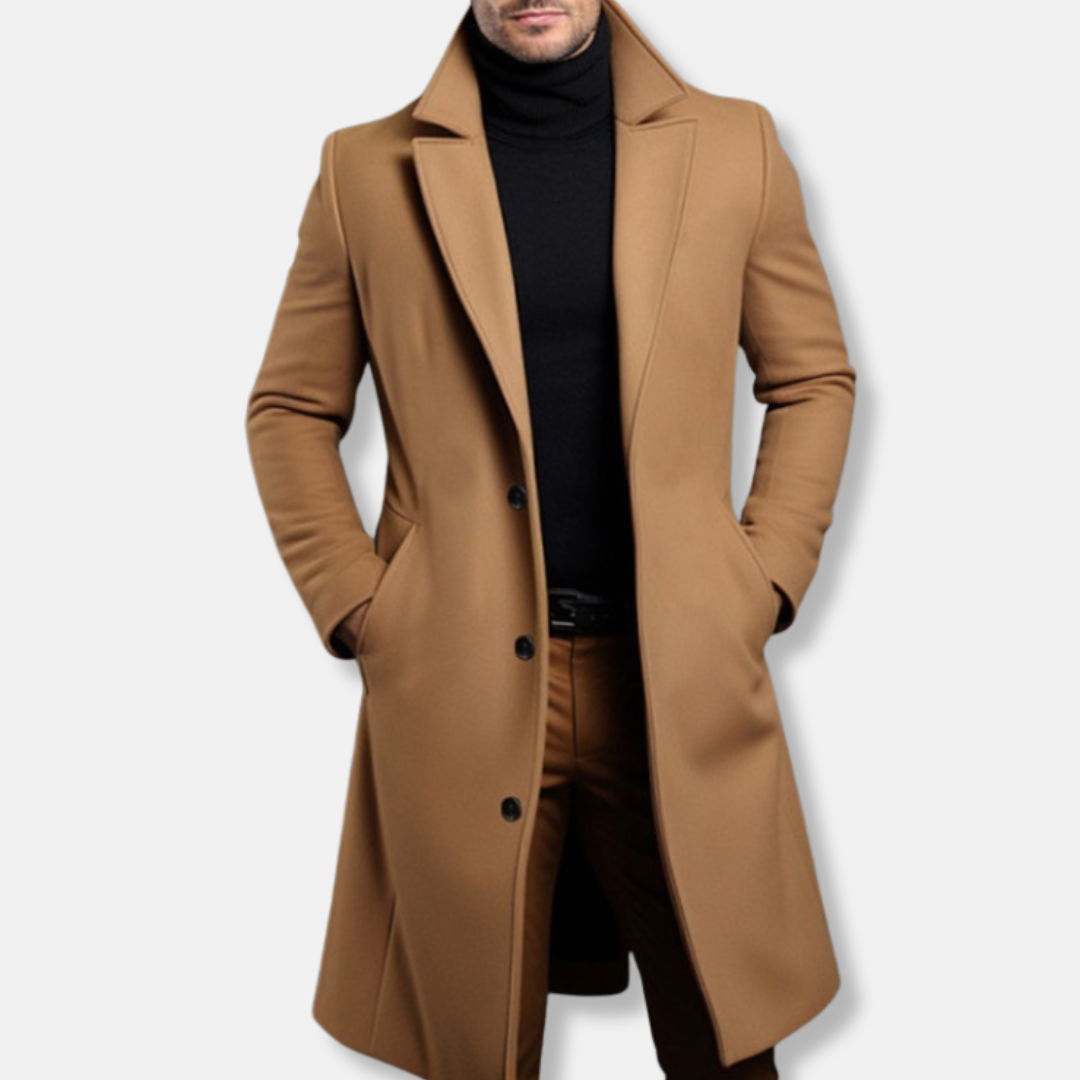 Men's wool blend trench coat tailored fit knee length single breasted classic silhouette