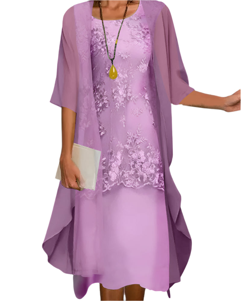 Women ivory midi dress sheer lace overlay sleeves flowing silhouette wedding guest elegant